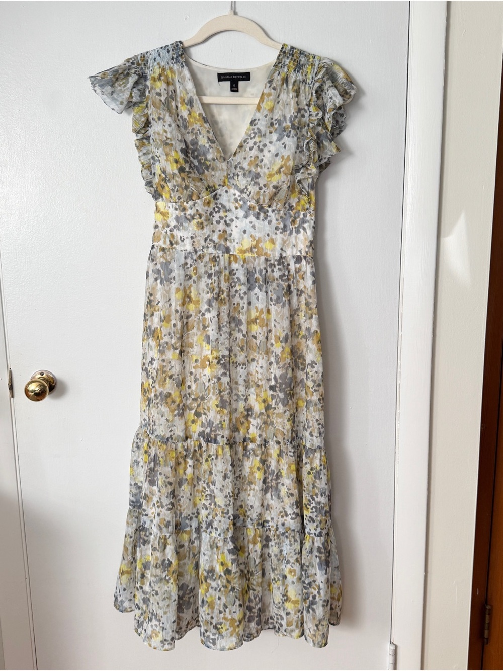 Banana Republic Yellow and Gray Floral V-Neck Ruffle Midi Dress